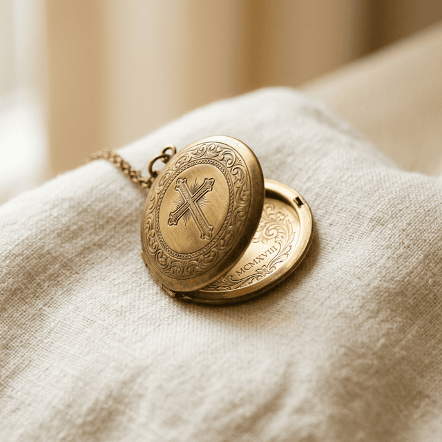 Personalized Engraved Brass Locket on Cream Linen